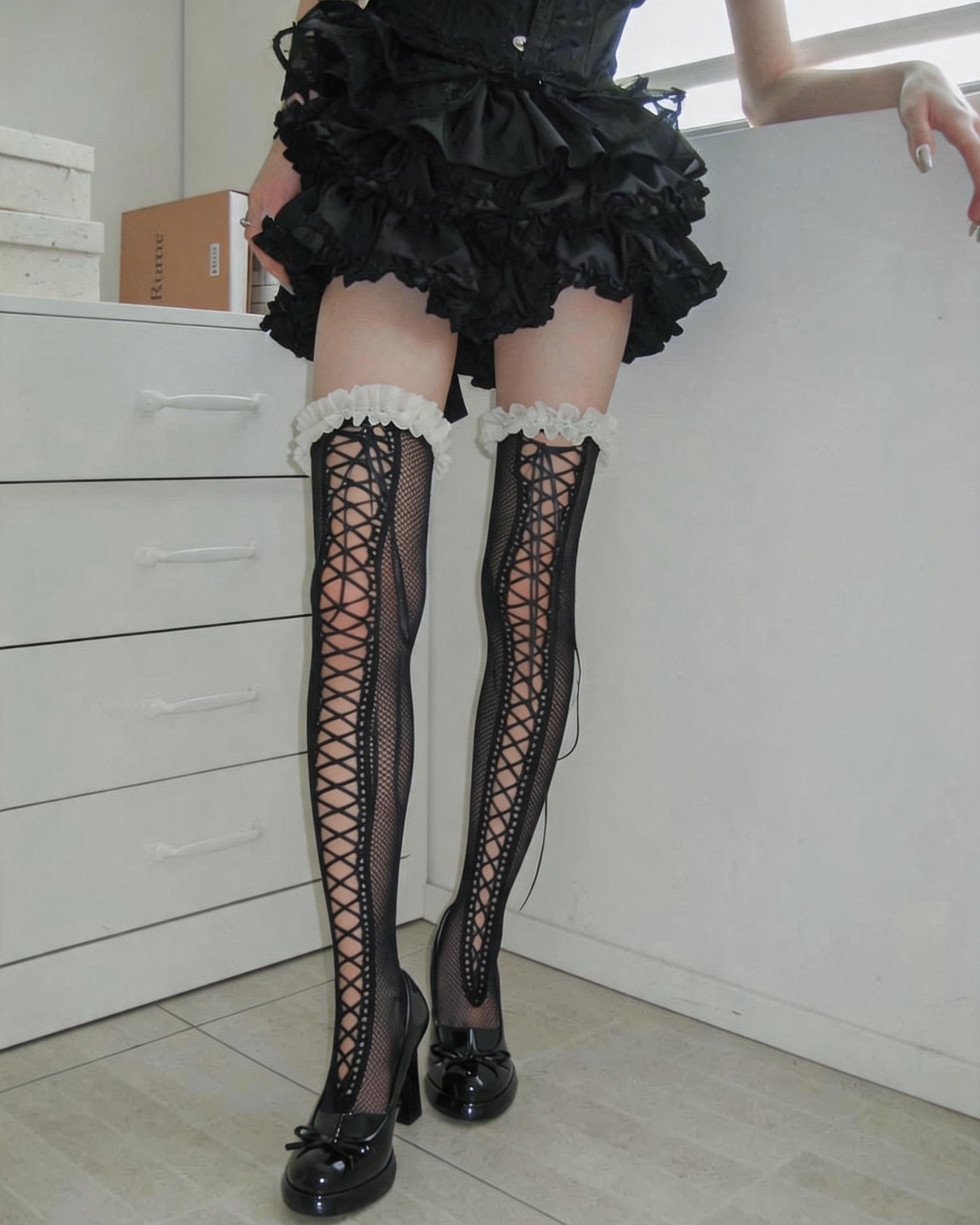 Black Lace-Up Ruffle Thigh-Highs