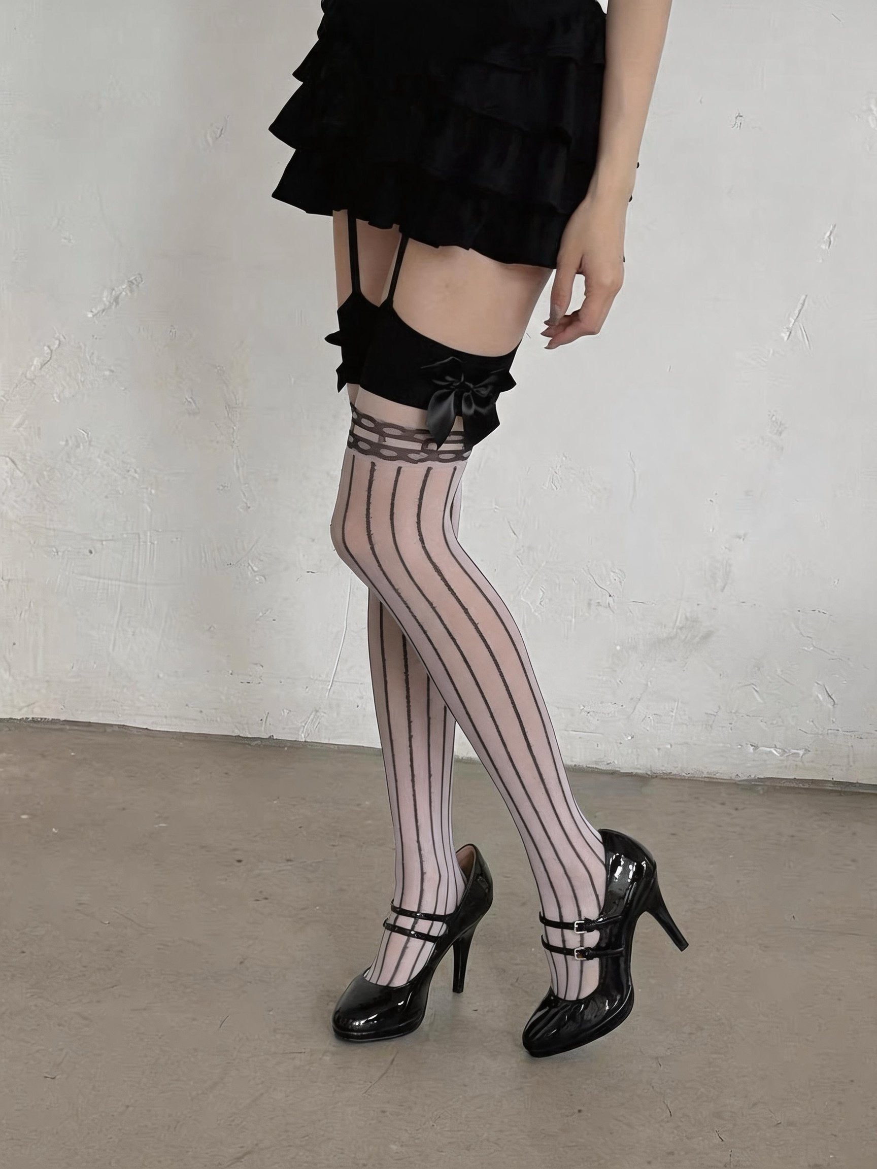 Black Bow Pinstripe Stockings