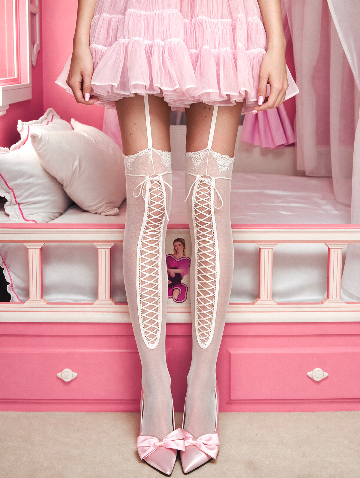Ballet Ribbon White Lace Thigh-High Stockings