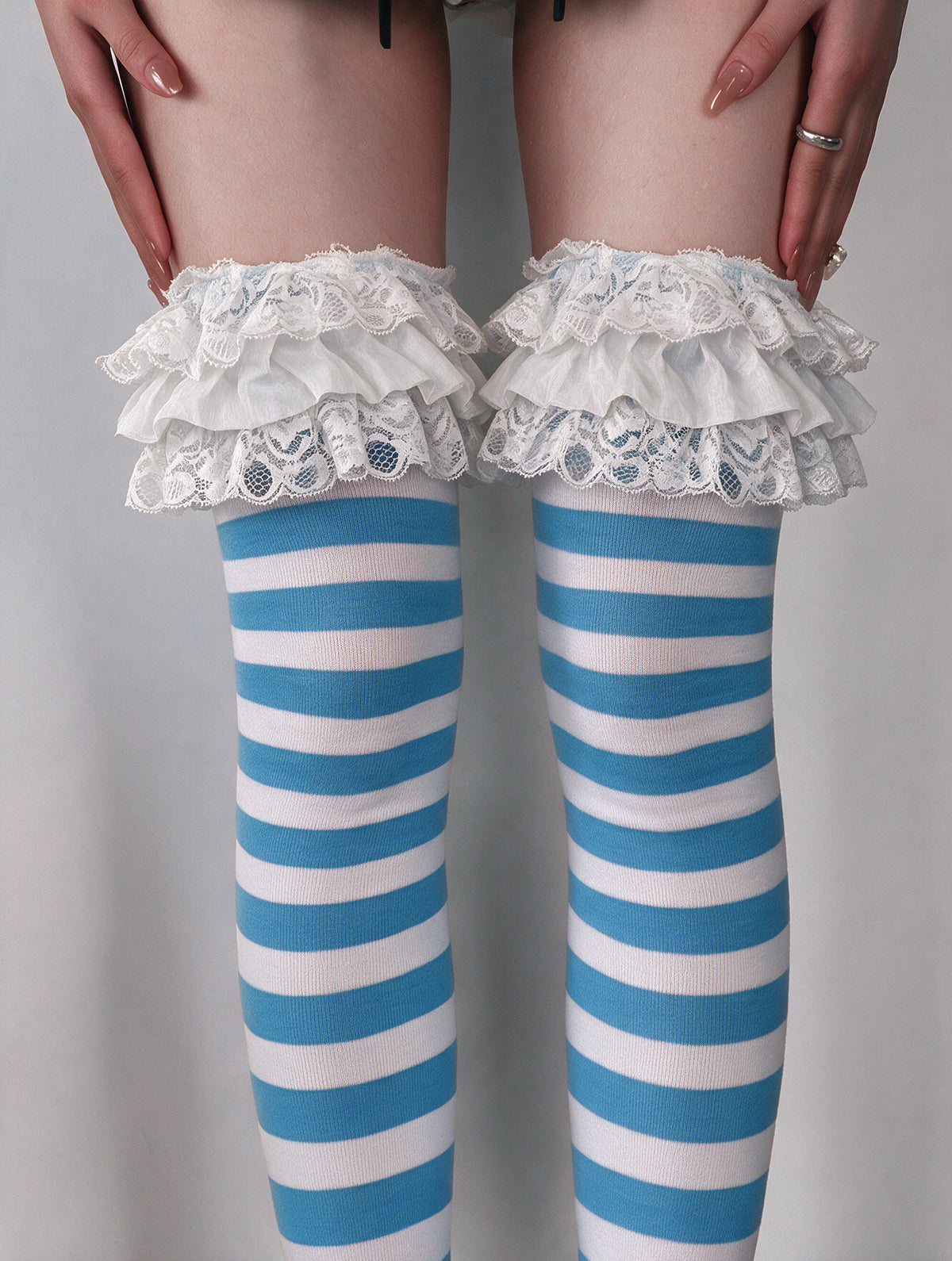 Wonderland Blue Stripe Lace Thigh-High Socks