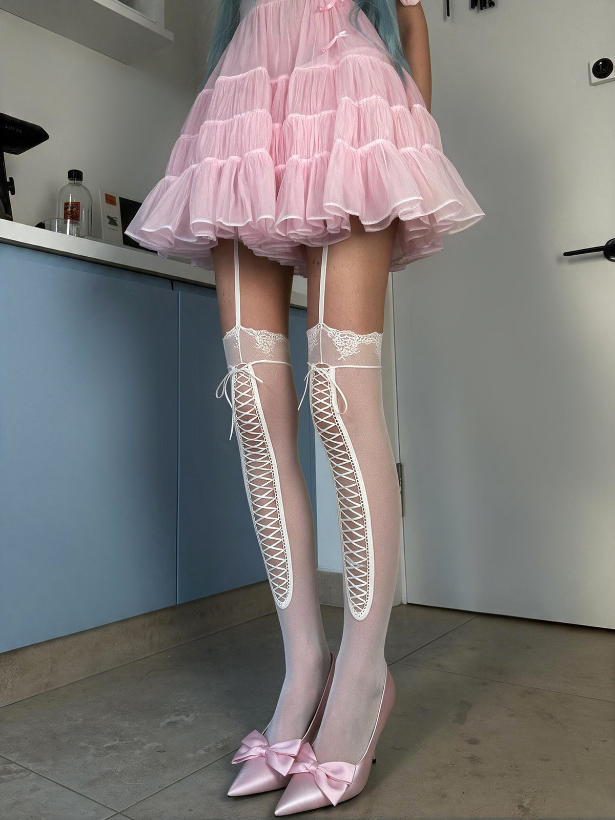 Ballet Ribbon White Lace Thigh-High Stockings