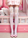 Lace Cherie White Lace-Up Thigh-High Stockings
