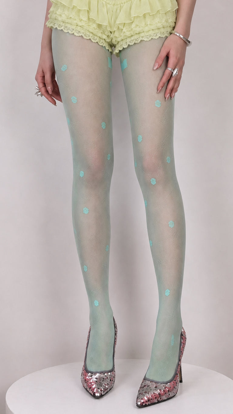 Mint Garden Wallpaper — Floral Sheer Tights
