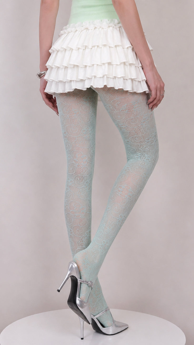Sage Porcelain Lace — Floral Tights