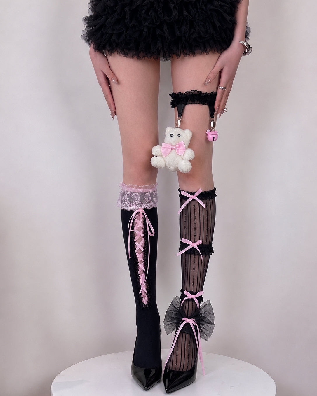 Black Teddy Ribbon Lace Sock Set