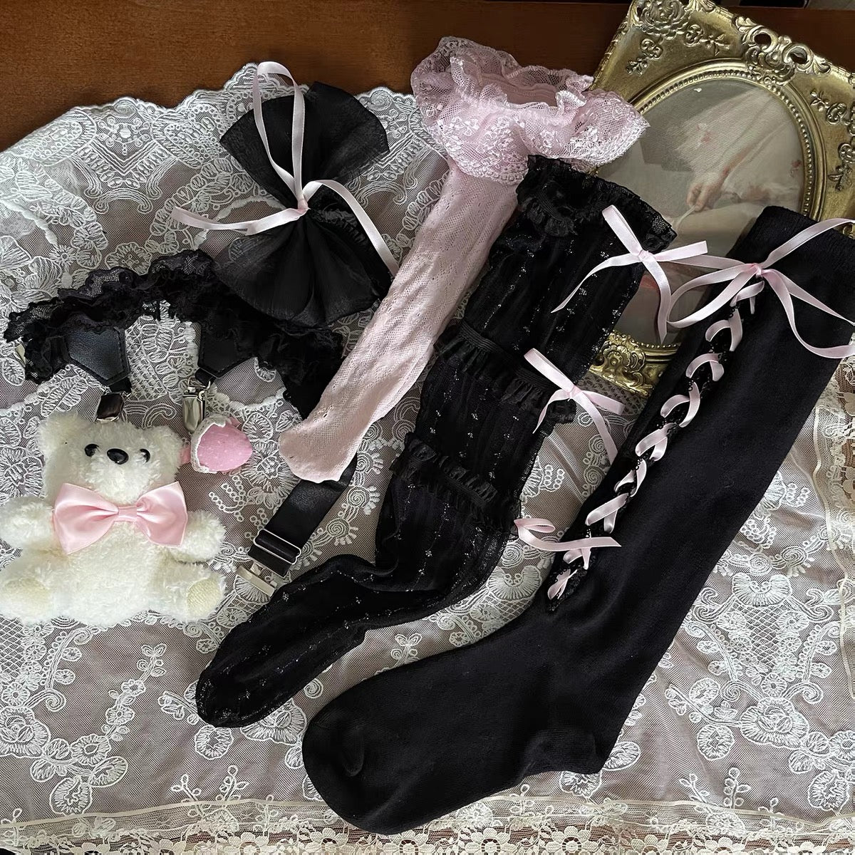 Black Teddy Ribbon Lace Sock Set