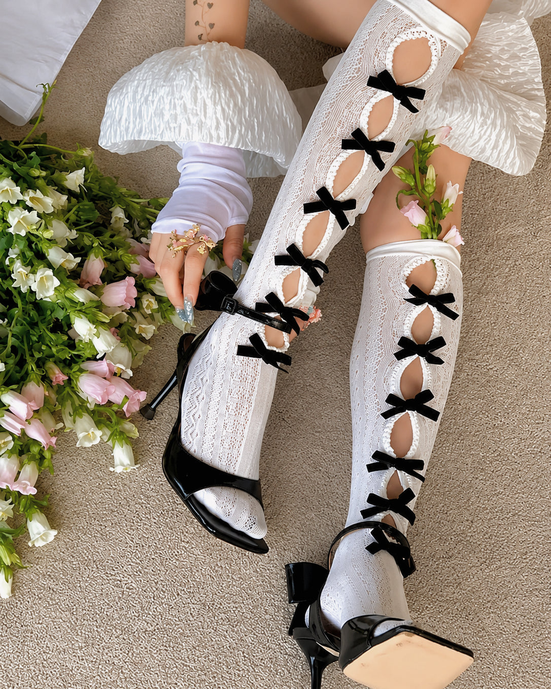 White Bow Cutout Socks
